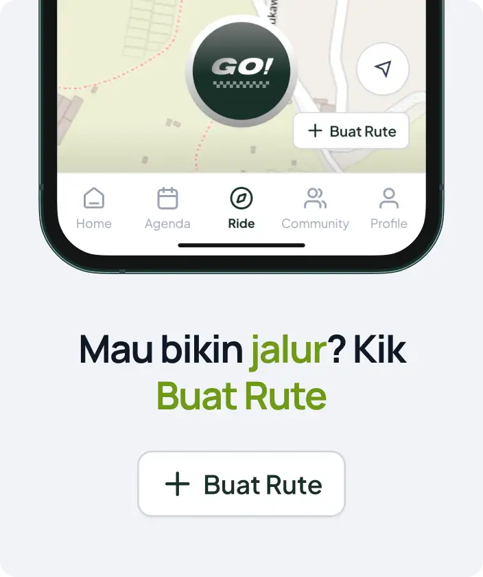 Buat Rute — map screen with bottom nav, Ride active